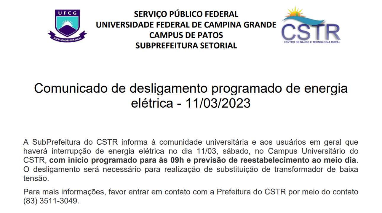 Comunicado de desligamento programado de energia elétrica - 11/03/2023